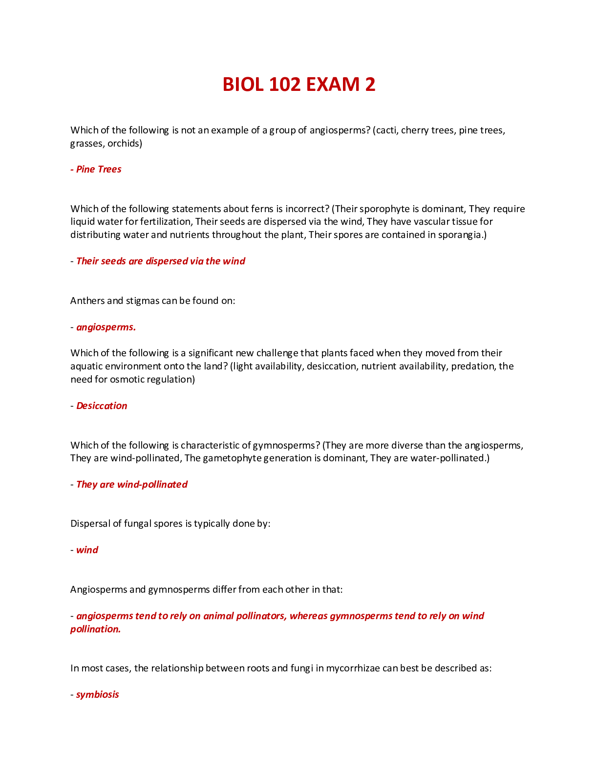 Preview of BIOLOGY 102 / BIOL 102 EXAM 2 - QUESTIONS AND ANSWERS